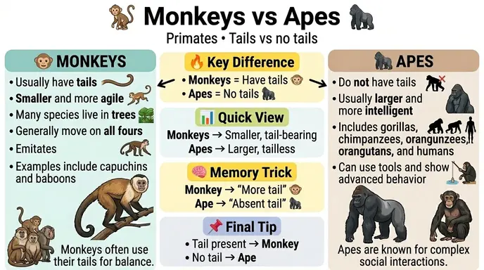 difference between monkeys and apes